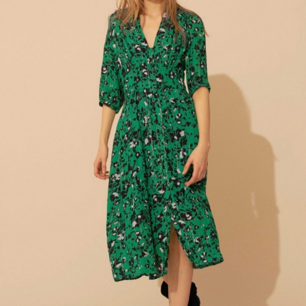 ba&sh Elfe Dress in Vert Green Floral Metallic Cottagecore Boho